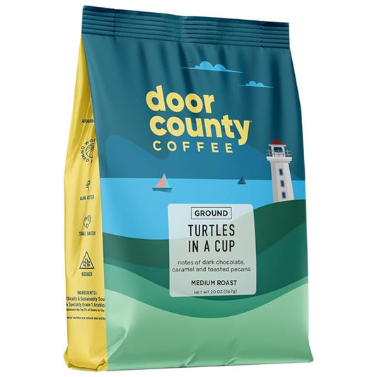 Door County Coffee, Turtles in a Cup, Toasted Pecans & Chocolate Flavored Coffee, Medium Roast, Ground 20 oz Bags