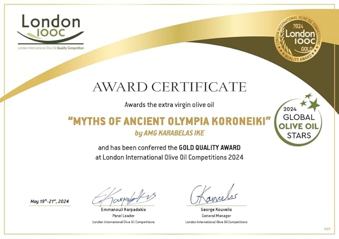 OLYMYTHOS Koroneiki Robust Extra Virgin Olive Oil - Polyphenol Rich (637 MG/KG) - World's Best Gold Award - 60X MORE Hydroxytyrosol Polyphenols - Single Origin - 750 ml (25.36 fl oz)