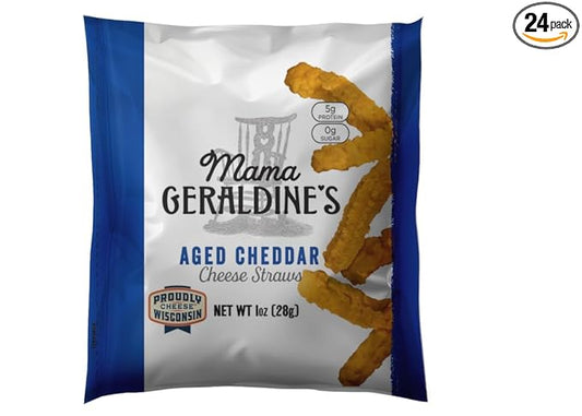 Mama Geraldine's - Aged Cheddar Cheese Straws - 1 Ounce Bag, 24 Pack - Crisps, Chips, Gourmet Baked Snacks, Bite Sized Cheese Straw Snacks for Appetizer