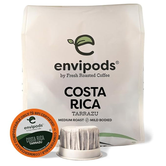 Fresh Roasted Coffee, Costa Rican Tarrazu Compostable envipods, Medium Roast, Kosher, 12 Count,for Keurig K Cup Brewers | Not for use in Ninja or Hamilton Beach Brewers