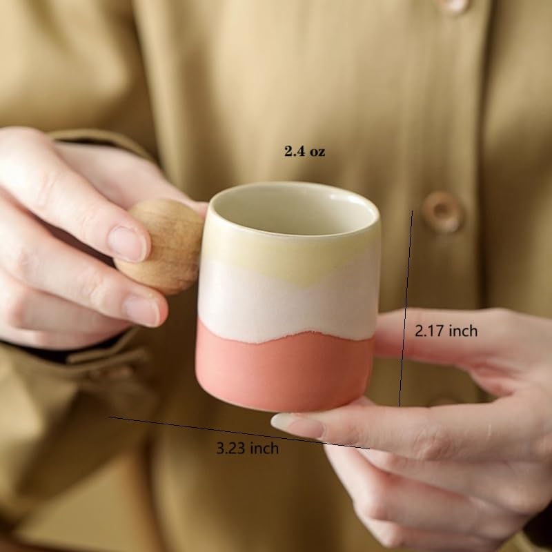 ZPGXLRZ 2.4oz Ceramic Espresso Cups Set of 4, Small Coffee Cups with Wooden Handle, Gradient Color