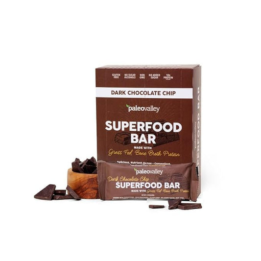 Paleovalley Superfood Bars ??Dark Chocolate Chip??10 Pack ??9g Protein per Bar ??Gluten-Free, Grain-Free, Paleo, Non-GMO ??On-the-Go Snack