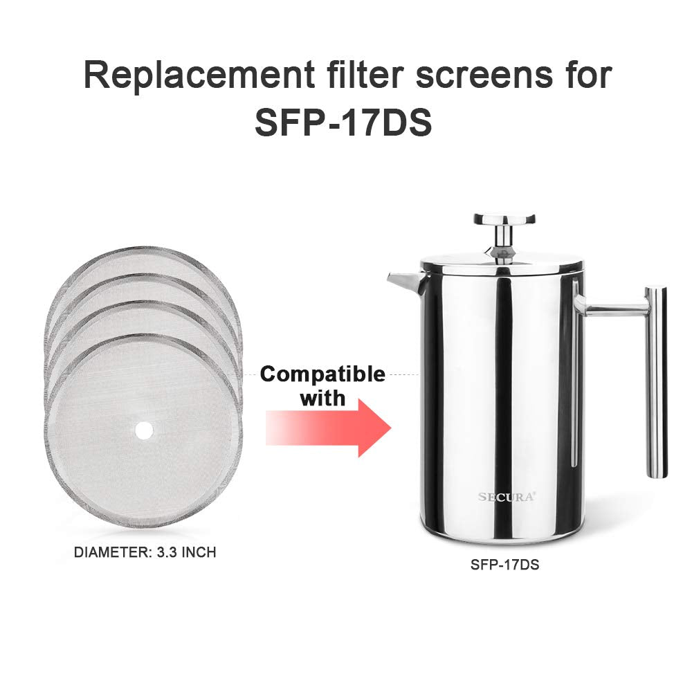Secura French Press Replacement Screens, Stainless Steel Reusable Mesh Filter for 17 Ounce/12