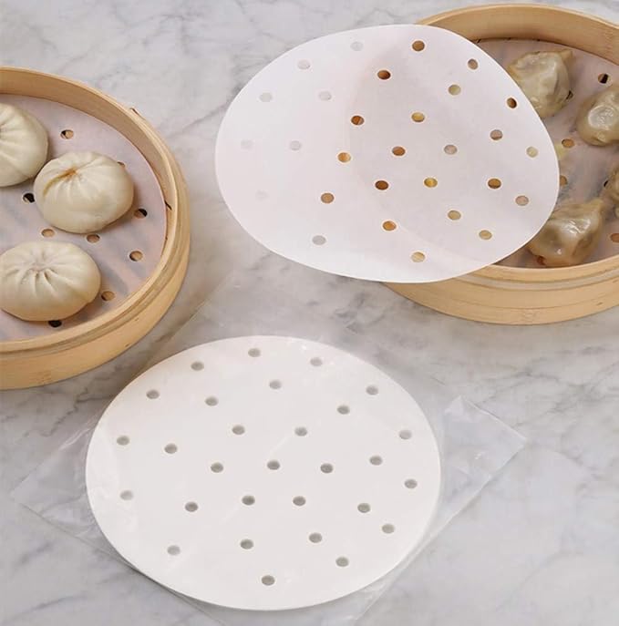 100pcs Air Fryer Liners, 10 inches Bamboo Steamer Liners, Premium Perforated Parchment Steaming Papers, Non-stick Steamer Mat Liner for Air Fryers Baking Cooking Oven