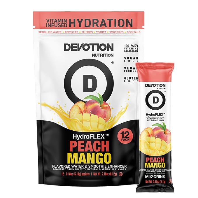 Devotion Nutrition HydroFLEX Water Flavoring Packets ??Sugar-Free Hydration with Vitamins & Electrolytes ??Dye-Free, Gluten-Free (Peach Mango) 12-Pack Drink Mix