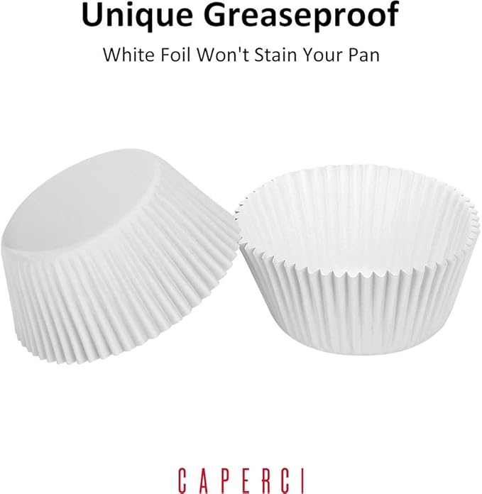 Caperci White Foil Cupcake Liners Standard Muffin Wrappers 150-Pack - Premium Greaseproof & Sturdy Cupcake Papers for Baking