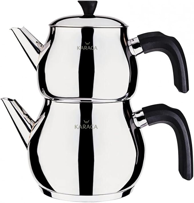 Karaca Kayra Teapot Set, Stainless Steel, Tea Pot 33 oz, Kettle 59 oz, Black Silver, Suitable for Induction, Tea Maker, Kettle, Turkish Tea Kettle