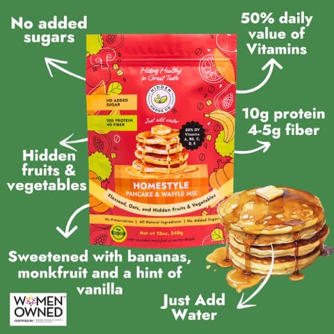 Hidden Foods Homestyle Pancake Mix and Waffle Mix | Thick & Fluffy Pancake with Oats, Flaxseed & Hidden Fruits & Veggies | Rich in Protein, Fiber and Vitamins | Breakfast Meal Just Add Water - 2 Pack