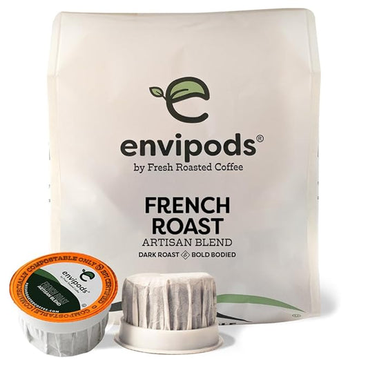 Fresh Roasted Coffee, Compostable envipods, French Roast, Kosher, Dark Roast, 12 Count, K-Cup Compatible | Not for use in Ninja or Hamilton Beach Brewers