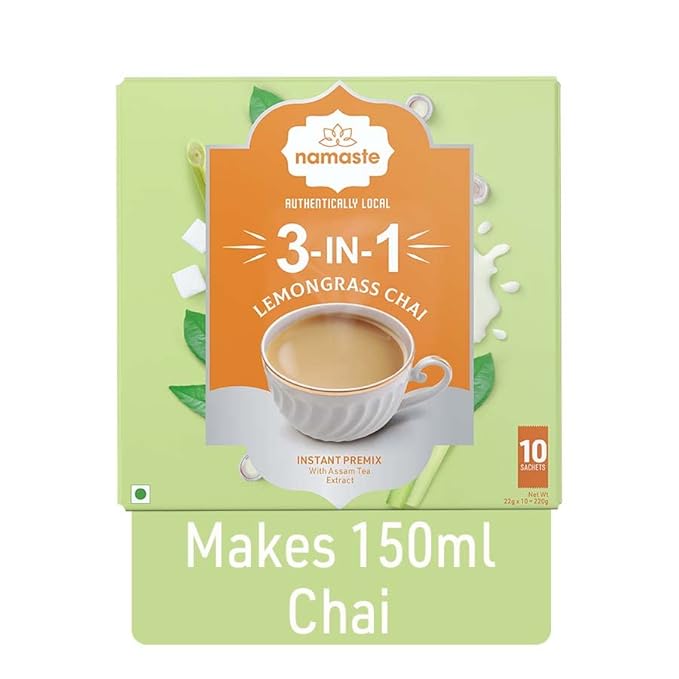 Namaste Chai Lemongrass Tea Powder Sachet | Assam Tea With Milk and Sugar | Instant Premix | 22g x 10 Sachets