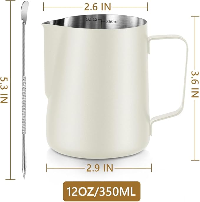 Frothing Milk Pitcher, 12 oz/350 ml Stainless Steel Frothing Milk Jug with Latte Art Pen,with Internal Measurements, for Cappuccino, Espresso and More竊늳hiteç«?,<div>