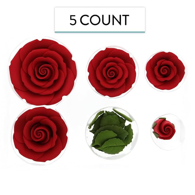 Global Sugar Art Edible Exquisite Rose & Leaf Tray Sugar Cake Flowers, Red Unwired, 5 Count by Chef Alan Tetreault