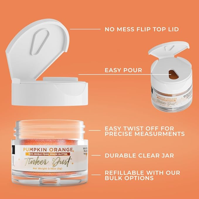 Bakell - Pumpkin Orange Tinker Dust (5g, 1x Jar) Edible Glitter for Food, Desserts, and Beverages!