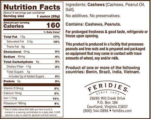FERIDIES Gourmet Whole Salted Cashews, Rich Flavor Plump Size, Non-Gmo, Ou Kosher Certified - 9 Oz Tin