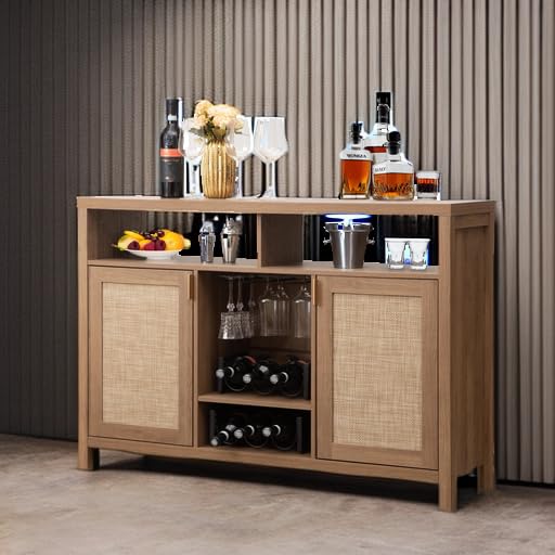 SICOTAS 51" Coffee Bar Cabinet with Storage, Rattan Bar Cart Liquor Cabinet