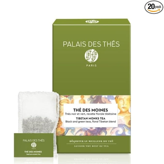 Palais des Thés - Tibetan Monks - Black & Green Tea Floral Blend - 20 Cotton Tea Bags, Serves 20 Cups
