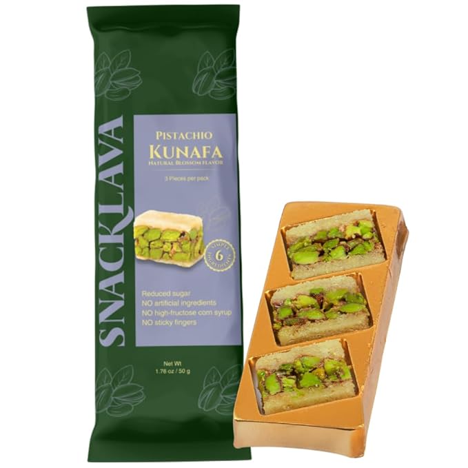 Snacklava Kunafa White Pistachio with Natural Blossom Flavor - 20 Pack (3 Pieces per Pack) - No Artificial Ingredients, Colors or Preservatives