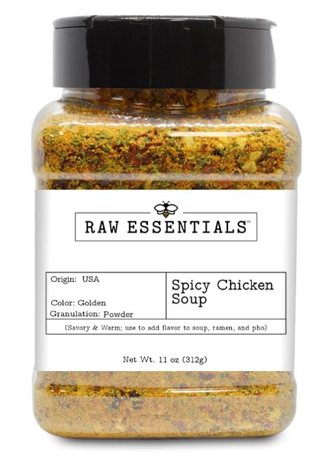 Raw Essentials Spicy Chicken Bouillon - Soup and Ramen Seasoning Blend - Savory and Warm - Add to Flavor Soup, Ramen, and Pho - 11 Ounce Bottle