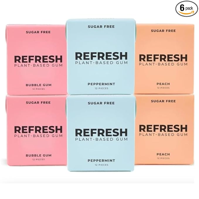 Refresh Gum, Xylitol, Sugar Free, Natural, Long Lasting Chewing Gum, Natural Flavors & Organic Ingredients, Plant-Based, Non GMO, Gluten Free, Vegan, Peppermint, Bubble Gum & Peach, 12 Pcs, 6 Pack