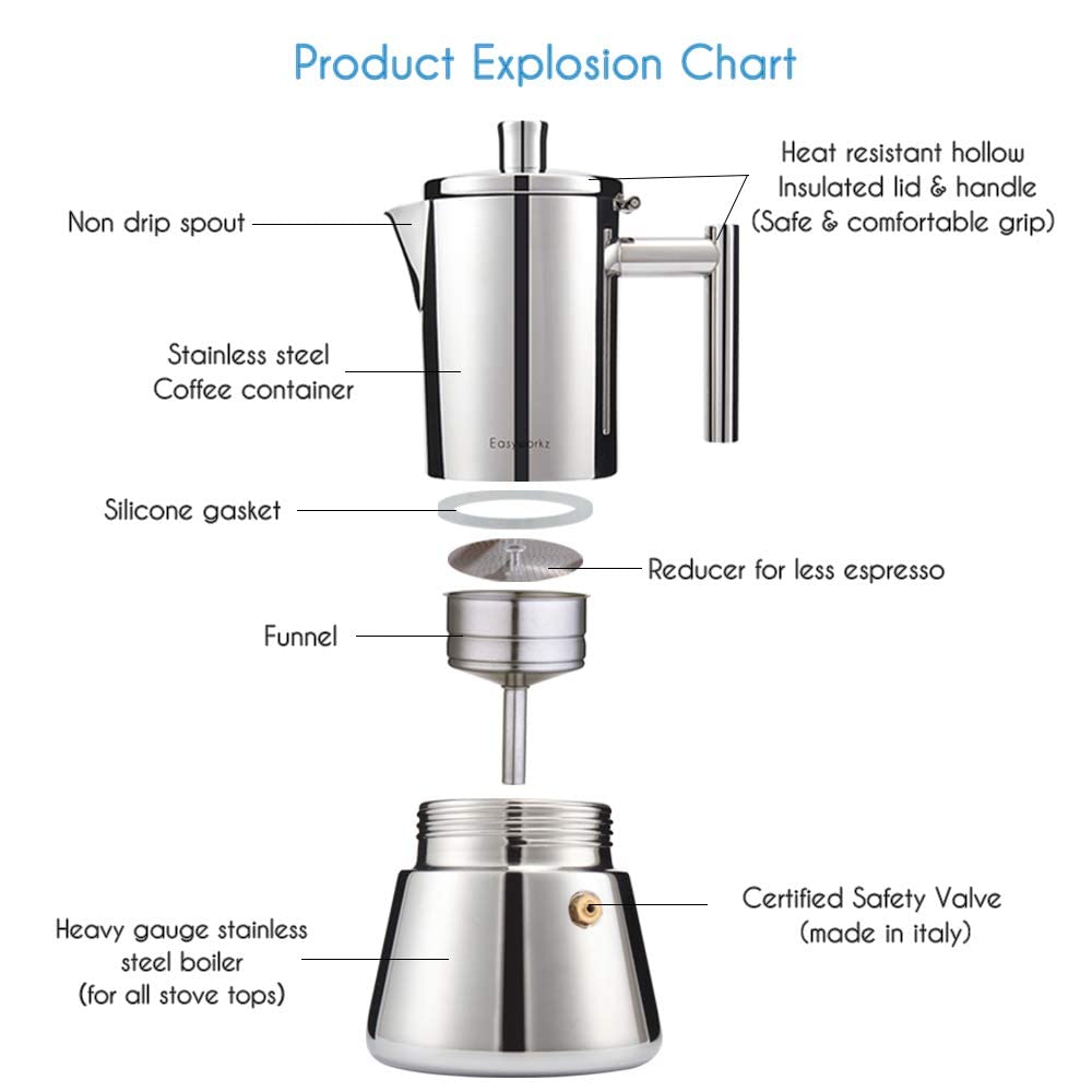 Easyworkz Diego Stovetop Espresso Maker Stainless Steel Italian Coffee Machine Maker 4Cup 6.8 oz