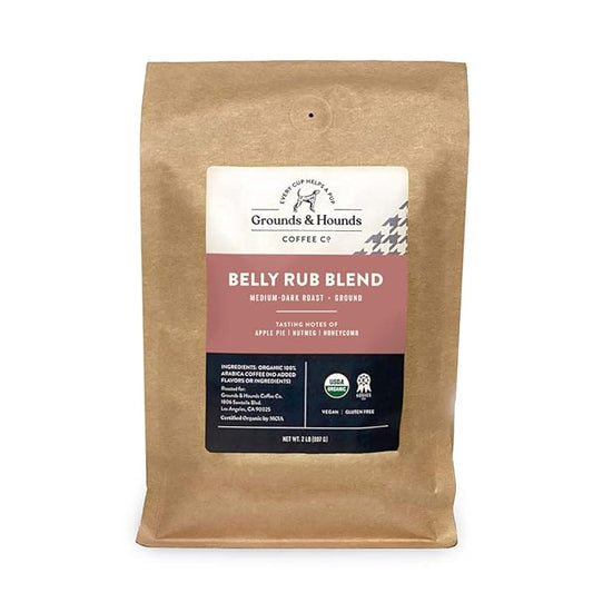 Grounds & Hounds Belly Rub Blend - Ground, 100% Organic Coffee Grounds, Ground Coffee Medium Roast, Bulk Ground Coffee, 2lbs