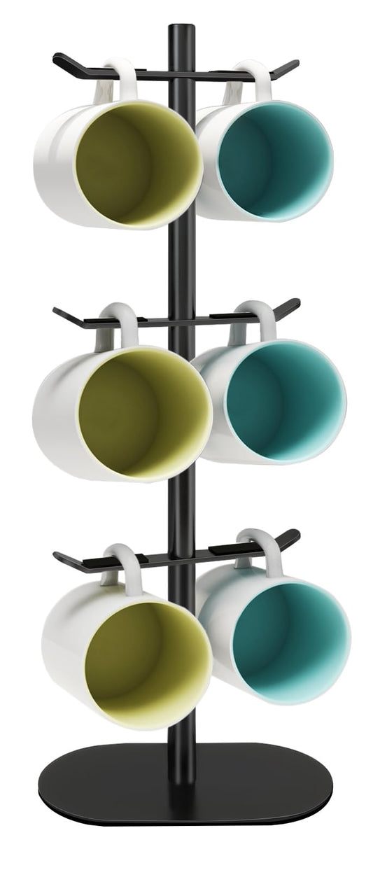 XEENEW Cup Holder Tree with 6 Hooks, Metal Coffee Mug Rack Stand (Black)