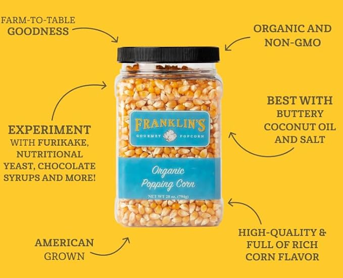 Franklin?셲 Gourmet Popcorn Organic Popcorn Kernels for Popping - 28oz Tub - Made in USA, Non-GMO & All-Natural - Old Fashioned Unpopped Popcorn Kernels for Popcorn Machine