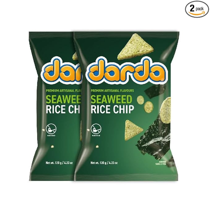 Darda Seaweed Rice Chips - Air-Popped Crispy Rice Chip Snack with Korean Savory Seaweed Flavor, Low-Calorie Ksnack, Non-Fried, Zero Cholesterol, Light & Crunchy Snack Packs (Pack of 2)