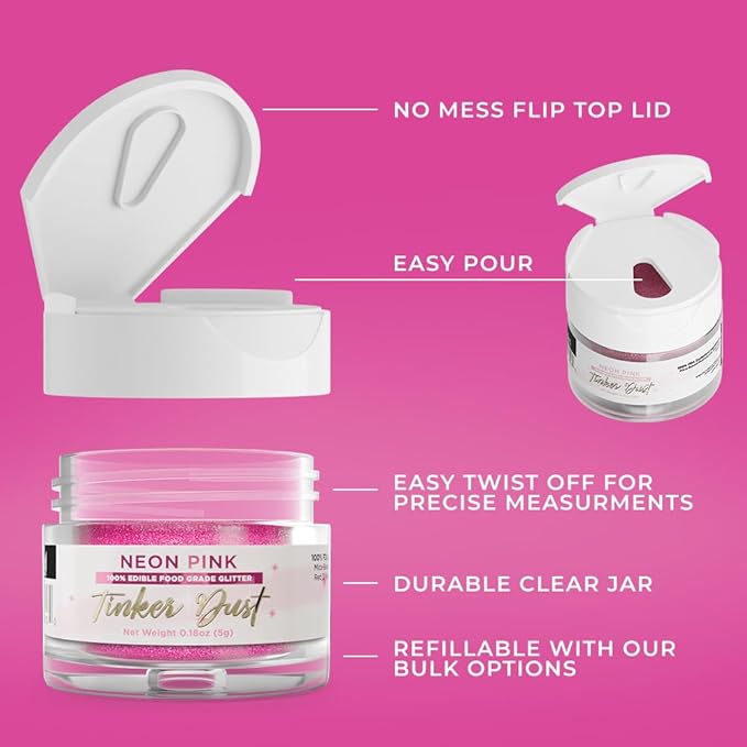 Bakell - Neon Pink Tinker Dust (5g, 1x Jar) Edible Glitter for Food, Desserts, and Beverages!