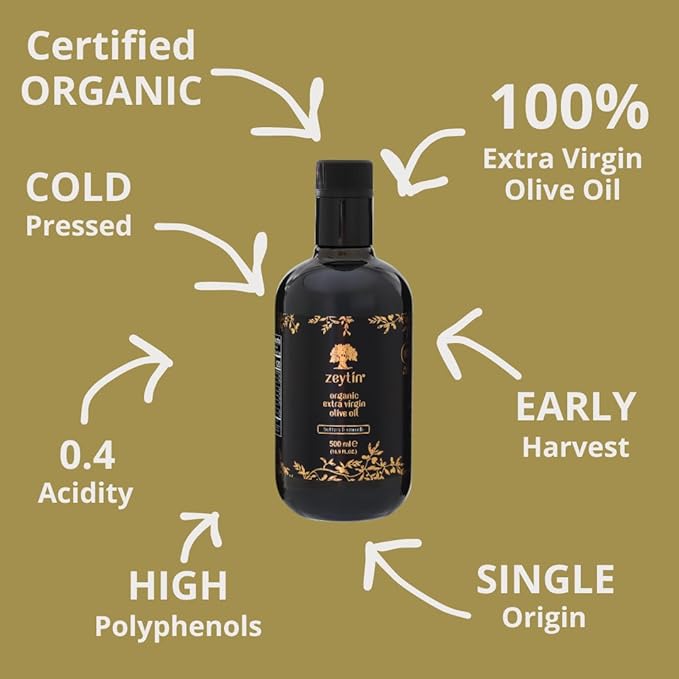 Zeytin Organic Olive Oil Extra Virgin - GOLD MEDAL & Early Harvest - Fresh 2024 Harvest, Bottled in Jan 2025 - New Luxury Packaging - Keto & Cold Pressed - Buttery & Smooth (16.9fl oz - 1 Pack)