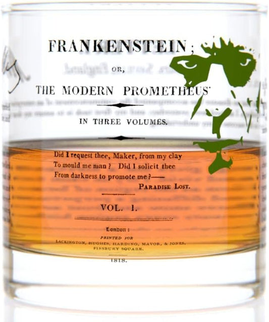 Well Told Classic Literature Rocks Glass - Frankenstein by Mary Shelley - Old Fashioned Whiskey Glass Gift for Book Lovers (11 oz)