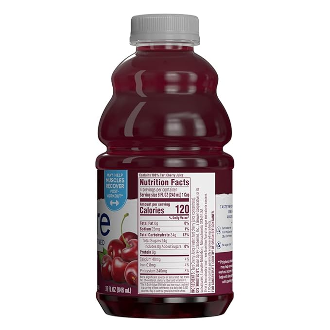 Ocean Spray® Pure Unsweetened Tart Cherry, 100% Tart Cherry Juice, 32 Fl Oz Bottle (Pack of 8)