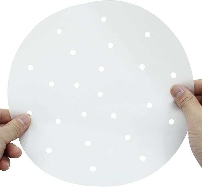 100 Pack 9 Inch Bamboo Steamer Liner - Round Air Fryer Parchment Paper with Holes - White Non Stick Steamer Paper for Air Fryer Basket, Oven, Microwave, Bamboos Steamer
