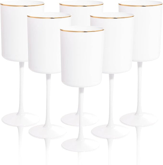 Ciaell 12 Pack White Plastic Wine Glasses with Stem - 10 Oz White and Gold Disposable Wine Glasses for Parties & Weddings & Poolside & Toasting & Outdoors & Graduation