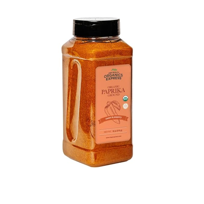 HQOExpress Organic Paprika ??Non GMO, Kosher, USDA Certified Organic Ground Paprika Powder ??Sweet and Mildly Spicy Seasoning for Soups, Chilis, Sauces and Stews, 18 oz. Chef Jar