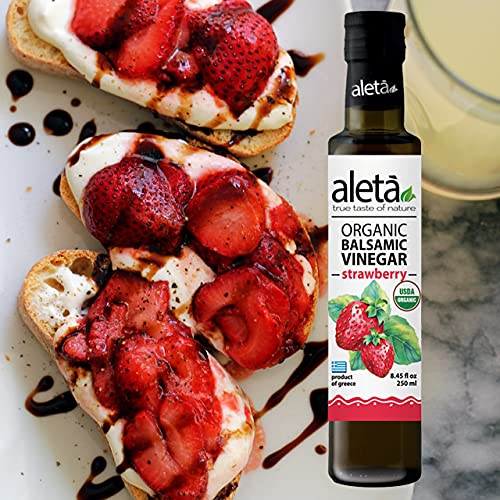 Aleta Farms Balsamic Vinegar, Greek Organic Strawberry Infused Aged Balsamic Vinegar, USDA Organic, Perfect for Salad Dressings, Pasta, Desserts & Cocktails, Glass Bottle, 8.45 fl oz (Strawberry)