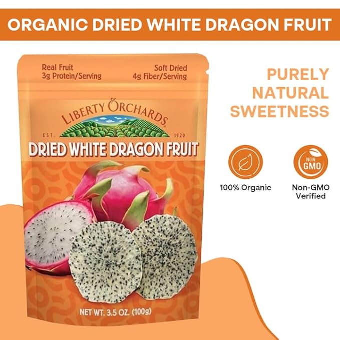 Liberty Orchard Organic Dried White Dragon Fruit with fiber - Ideal for Recipes or a Nutritious fruit for Busy Lifestyle- Nutrient-Rich Dried Fruit with Vitamin C, Antioxidants & Fiber- 4 Pack