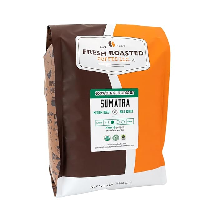 Fresh Roasted Coffee, Organic Sumatra | 100% Single Origin, USDA Organic, Kosher | Medium Roast 5 lb (80 oz) Whole Bean