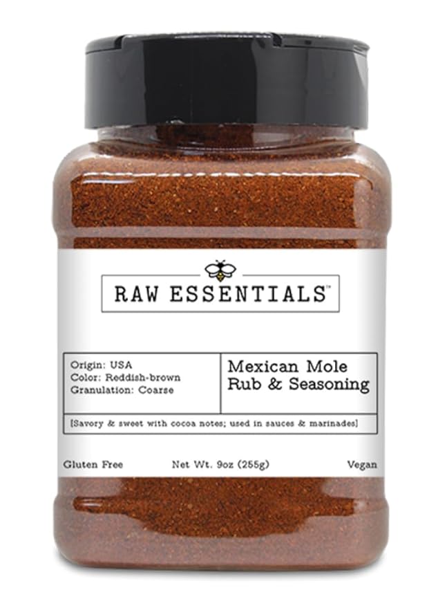 Raw Essentials Mexican Mole Seasoning - Savory and Sweet - Used in Mexican Dishes - Delicious in Sauces and Marinades - 9 Ounce Bottle