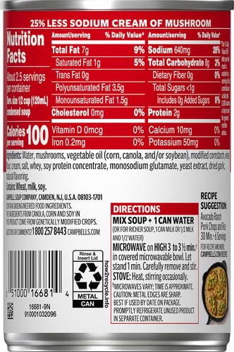 Campbell's Condensed 25% Less Sodium Cream of Mushroom Soup, 10.5 oz Can (Pack of 4)