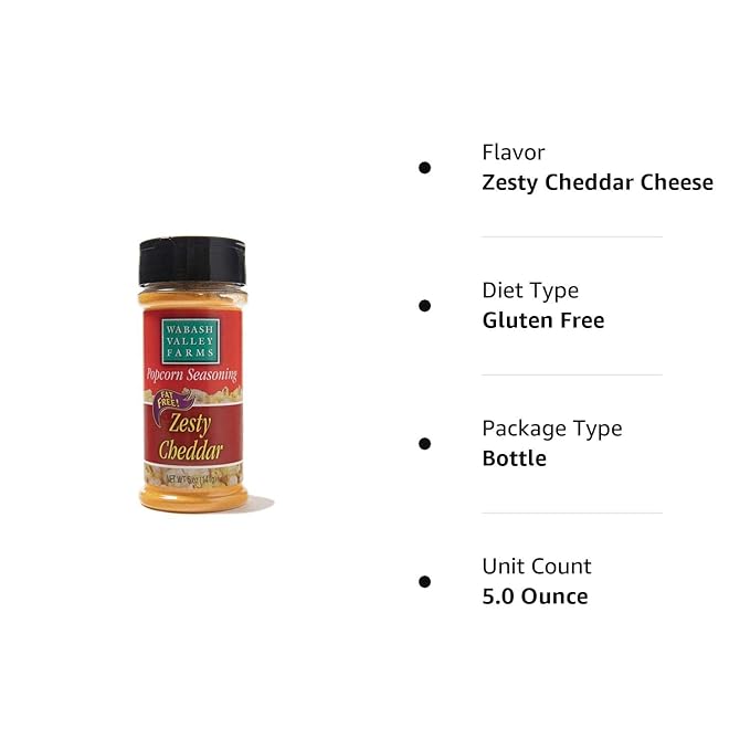 Zesty Cheddar Cheese Popcorn Seasoning - Wabash Valley Farms Cheddar Cheese Powder, Fat Free Cheese Popcorn Topping, Popcorn Flavoring Seasoning for Irresistible Cheddar Popcorn Flavor (5 oz)
