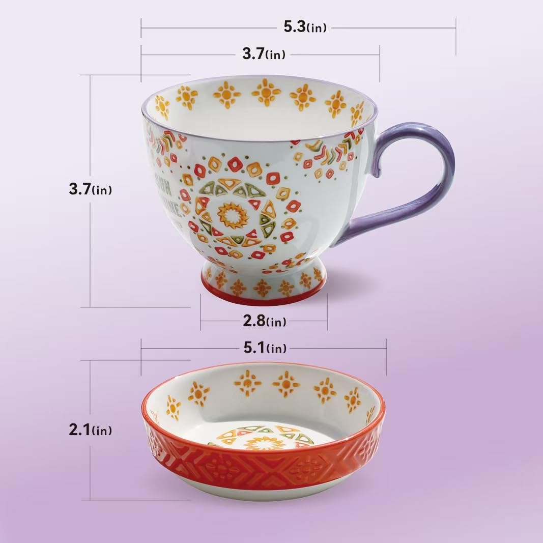 Panacula Large Ceramic Coffee Mugs Set of 2,15 oz Stoneware Coffee Cups with 2 Saucers,Underglaze