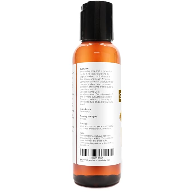 Sesame Seed Oil by Velona - 2 fl oz | 100% Pure and Natural Carrier Oil | Refined, Expeller Pressed | Cooking, Skin, Hair, Body & Face Moisturizing | Use Today - Enjoy Results