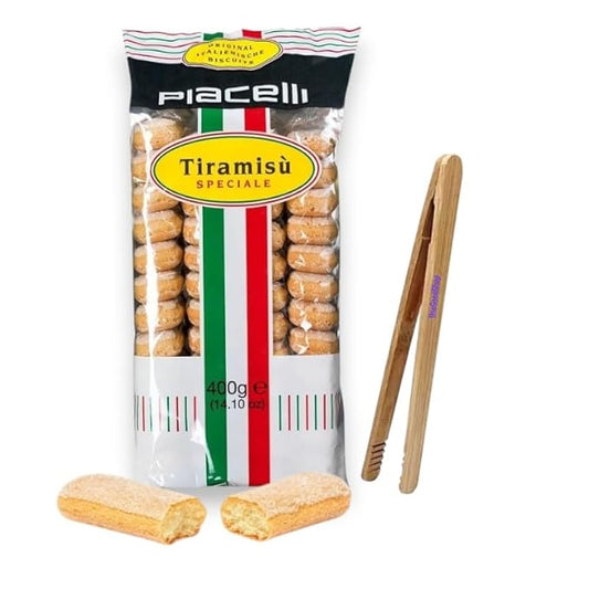 PIACELLI Ladyfingers Tiramisu Speciale - Authentic Italian Sponge Lady Fingers for Tiramisu ??Traditionally Baked Ladyfinger Cookies - 400g/14.11oz w/Bamboo Kitchen Tong