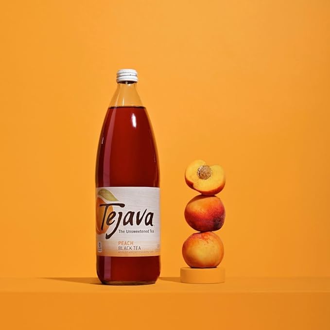 Tejava Peach Black Iced Tea, 24 Pack, 12oz Glass Bottles, Unsweetened, Non-GMO, Kosher, No Sugar or Sweeteners, No calories, No Preservatives, Brewed in Small Batches