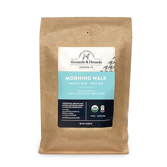 Grounds & Hounds Morning Walk Breakfast Blend - 100% Organic Whole Bean Medium-Light Roast Coffee, 2lbs