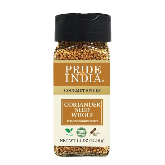 Pride of India – Coriander Seed Whole – Fresh & Gourmet Indian Whole Spice – Good for Curries/Meat/Chicken – Easy to Use – 1.4 oz. Small Dual Sifter Bottle