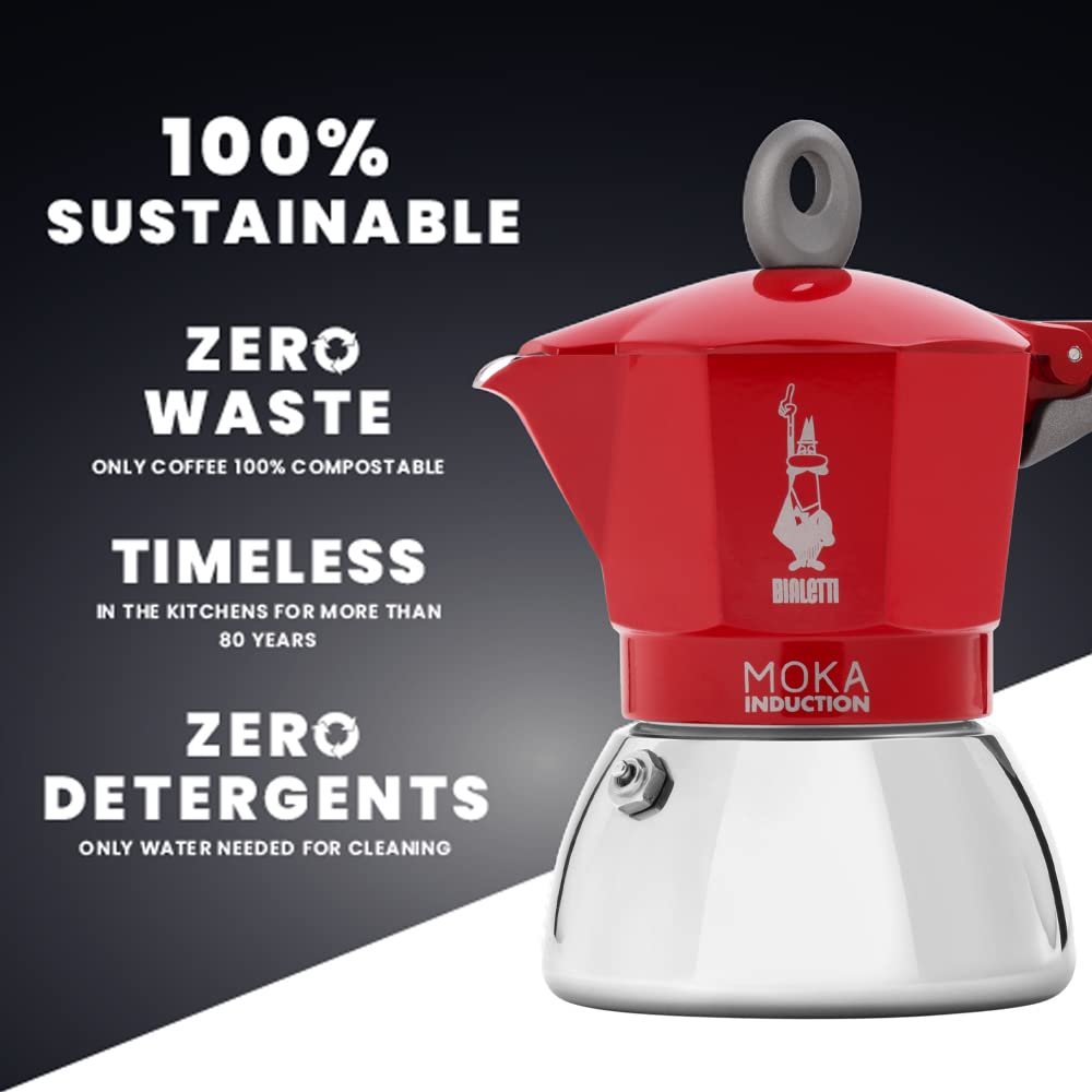 Bialetti - Moka Induction, Moka Pot, Suitable for all Types of Hobs, 6 Cups Espresso (9.4 Oz), Red