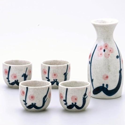 JapanBargain 4978, Japanese Porcelain Plum Sake Set Sake Carafe Bottle Sake Cups for Serving Hot Sake and Cold Sake, Made in Japan, White, 5 oz