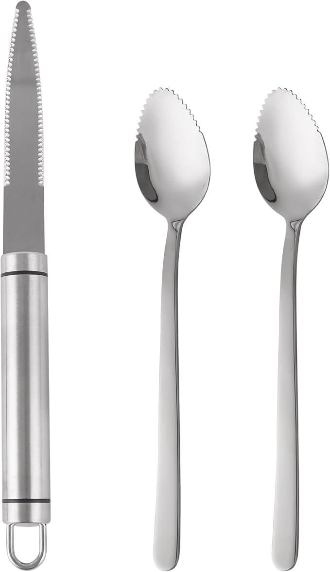 Grapefruit knife & Grapefruit Spoons, Grapefruit Utensil 3 Pieces Set, Stainless Steel Serrated Edges Grapefruit Knife and Spoon, Dishwasher Safe & Kitchen Utensils (Silver)